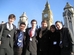 Part of the team outside the Houses of Parliament